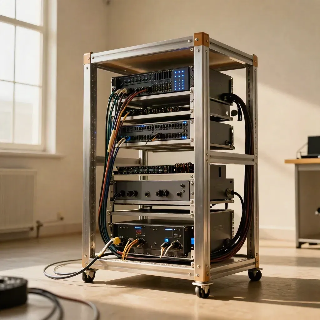 Low-angle rack of parachain launch hardware with glowing blue indicators in a bright room.