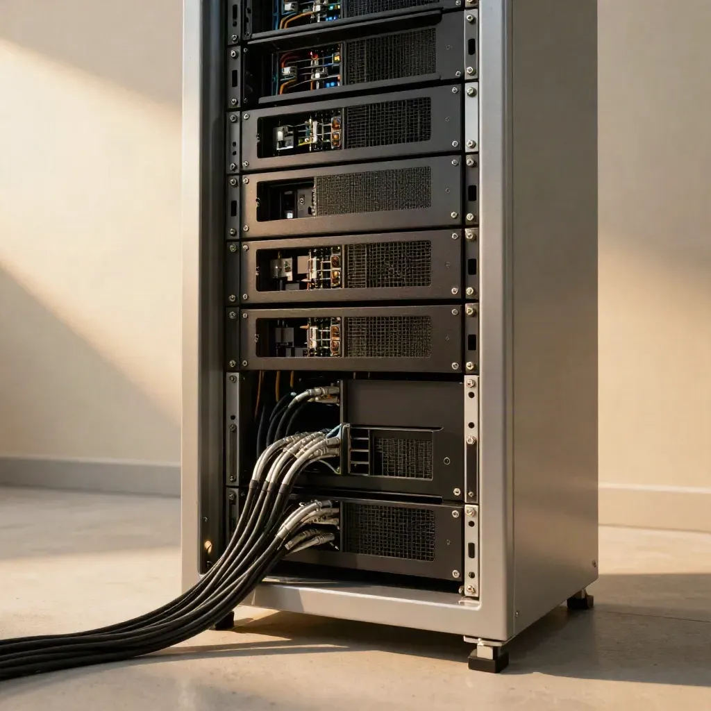 Glowing live parachain rack in a finished data hall with neat cabling and warm sunlight.