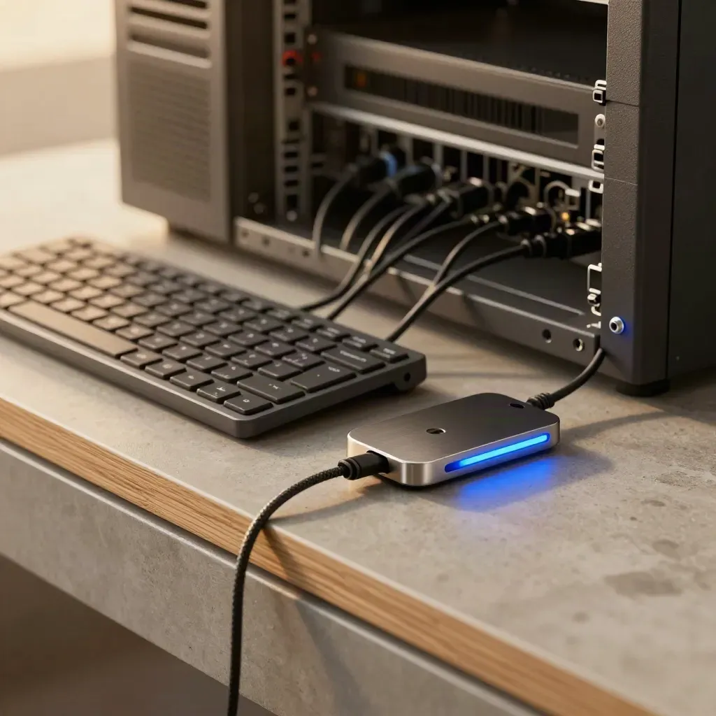 CI workstation with keyboard, hardware key and cable ties beside a glowing rack edge.