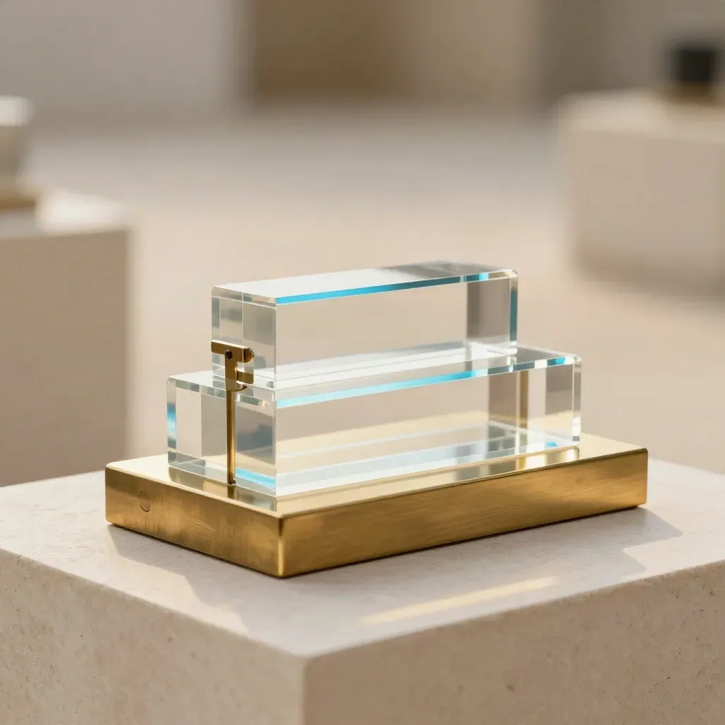 Brass and acrylic tokenomics model on pale stone with a subtle blue edge glow