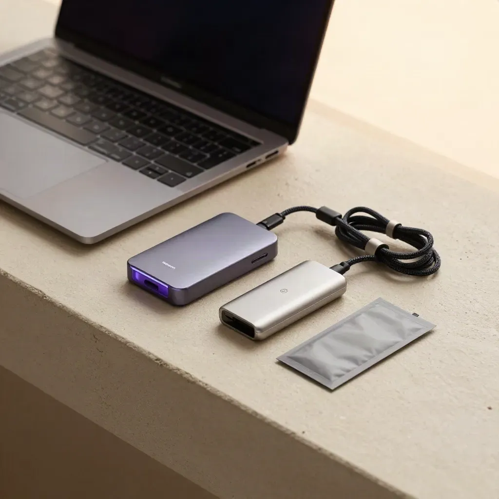 Closed laptop, hardware signer and backup drive on a clean bench, ready to ship.