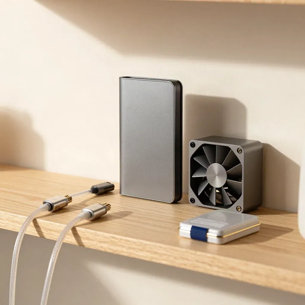 Hardware wallet, fibre leads, mini fan and adapter kit on a pale oak shelf with soft light