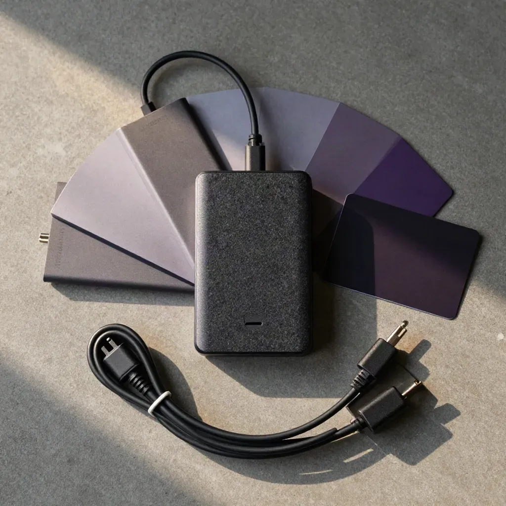 Overhead flatlay of a go-live kit: backup drive, power bricks, fibre lead, and status card on charcoal felt.