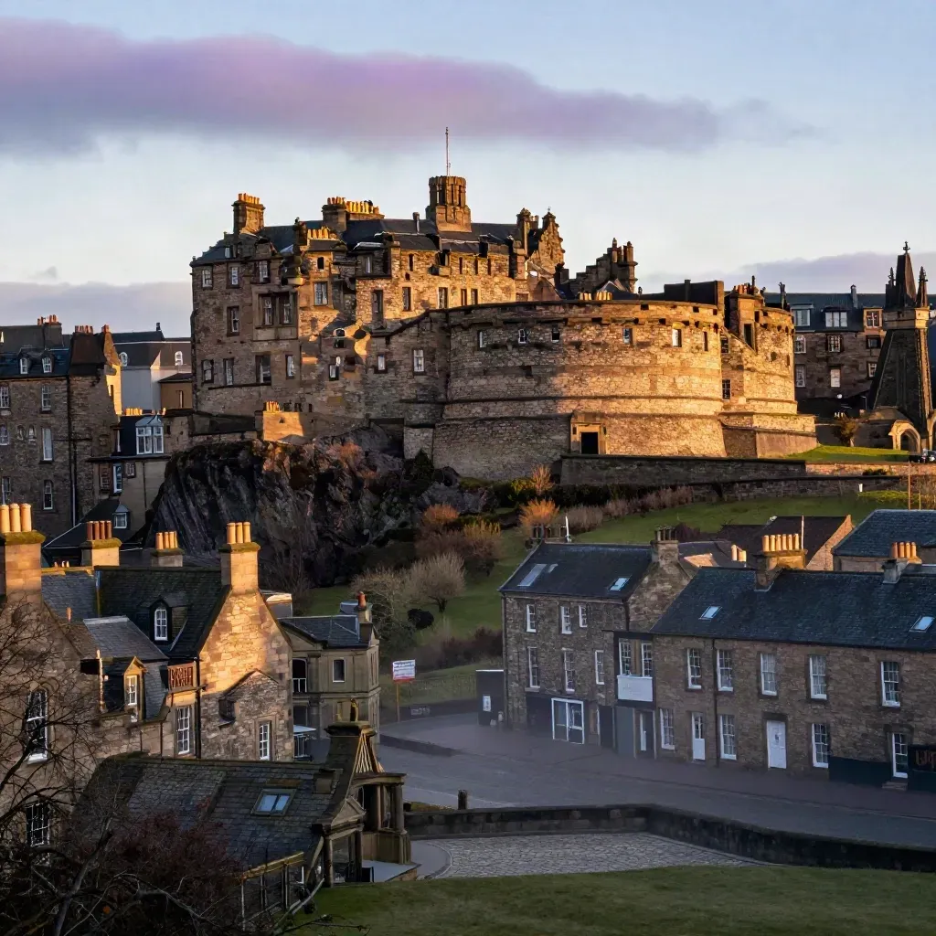 Edinburgh Castle and the Old Town ridge in mist above a calm stone city under pale morning sky